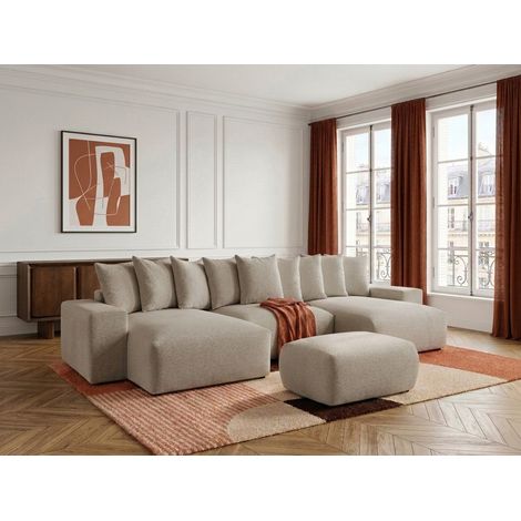 BOBOCHIC - Canapé panoramique convertible coffre VOLTAIRE tissu chiné avec pouf Taupe (1/5)