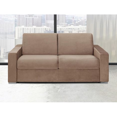 Canapé 3 places convertible express en velours beige - Matelas 18 cm avec mémoire de forme - Couchage lattes larges 140 cm CALITO (1/4)