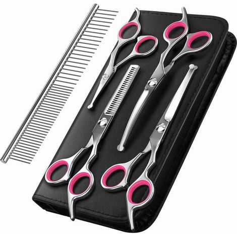 Dog Grooming Scissors, 5-Piece Pet Grooming Tool Set Made of Titanium-Coated Stainless Steel, Thinning/Straight/Curved Scissors and Comb – Pink