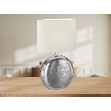 LED Tischlampe mit Metallfuß Silber Antik & Leinenschirm Beige, Höhe 53cm (1/4)