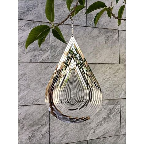 Windspiel mit fließendem Lichteffekt, Gartendekoration aus Edelstahl, 40 cm große Hängedekoration, Windmühlen mit 360° drehbarem Haken (1 Stück, tropfenförmig - silber) (1/5)