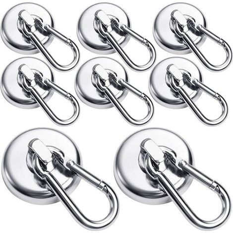 Lot de 8 crochets magnétiques en néodyme ultra-résistants avec mousqueton pivotant – Idéal pour réfrigérateurs, cuisines, casiers et barbecues – Diamètre de 20 mm (1/5)