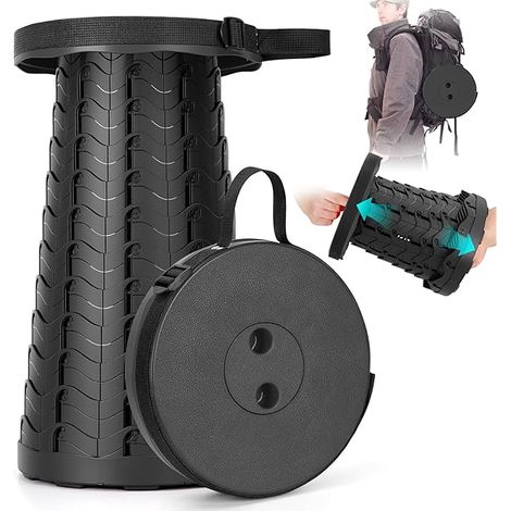 Tabouret Pliable - Charge Maximale 180 Kg - Hauteur Réglable sur 12 Positions - Pour Camping Pêche Randonnée - Avec Sangle de Transport - Noir (1/3)