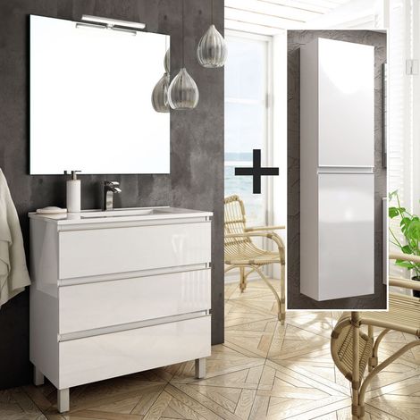 Ensemble meuble de salle de bain 60cm simple vasque + colonne de rangement - blanc - PALMA (1/5)