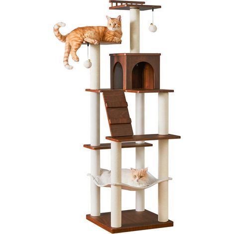 Arbre à chat moderne multi-niveaux avec tour de repos et hamac, structure en bois stable, 163 cm (1/5)