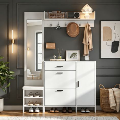 Appendiabiti per l'ingresso, con scarpiera, specchio e ganci, scarpiera multifunzionale con panca porta scarpe, per ingresso, bianco, 140x30x200 cm (1/5)