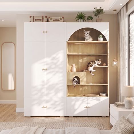 Armoire penderie et arbre à chat 2-en-1, longueur 180 cm, 1 tringle, mur d’escalade, plateformes, passages, niche, rangements, blanc et effet bois (1/5)