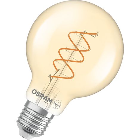 OSRAM Vintage 1906 Globe ist eine warmweiße, dimmbare LED-Lampe in Ballform mit spiralförmigem Filament. Sie bietet 8 W für 806 lm, E27 Fassung, goldfarbenes Glas, 80 mm Durchmesser, 2200 K, EEK F. (1/4)