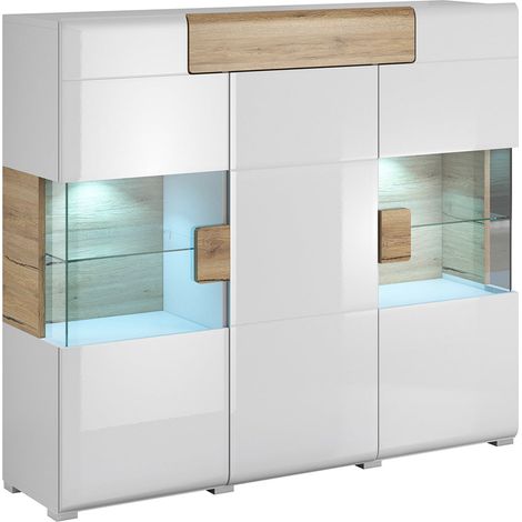 Petits-Meubles – Buffet haut 3 portes 1 tiroir avec LED – Blanc laqué et bois chêne San Remo – 147 x 39 x 131 cm – Vitrine en verre trempé (1/5)