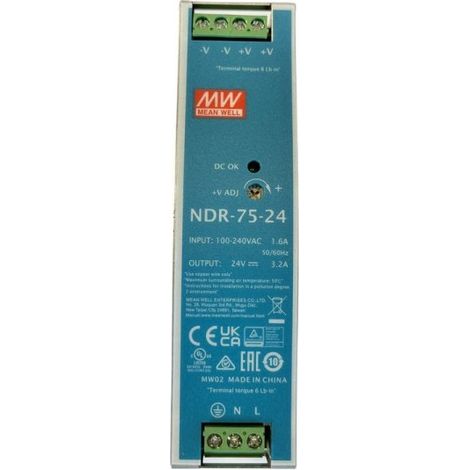 MW MEAN WELL NDR-75-24 Trasformatore Rotaia Industriale 24V 75W 3,2A Barra Guida DIN Rail Power Supply Input 220V 110V