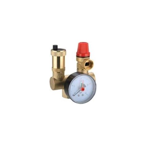 Kit de sécurité pour chauffe-eau, 6 bars, avec clapet anti-retour, vanne de vidange et manomètre. (1/4)