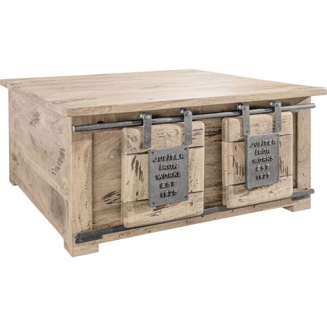 Massivmoebel24 – Coffre en bois de manguier laqué Whitewash 90x90 cm – Style industriel – Espace de rangement avec portes coulissantes – Table basse ou d'appoint (1/4)