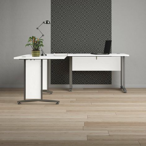 Dmora - Escritorio Melisande, Escritorio multiusos, Mesa de oficina para PC, El plan de trabajo, 200x200 h75 cm, Blanco y Gris (1/5)