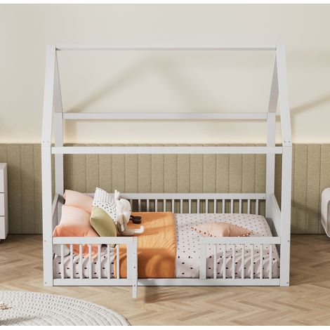 Lit cabane enfant 140x200 cm en pin massif, lit double avec barrières de sécurité et petite porte, sommier à lattes inclus, blanc (1/5)