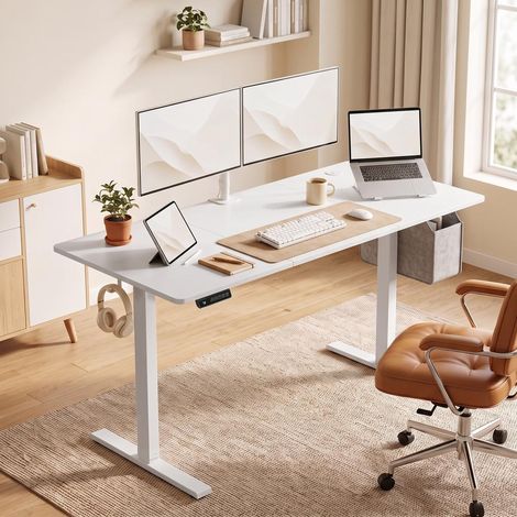 Bureau Assis Debout Électrique 140x60 cm Réglable 72-118 cm avec Mémoire Blanc pour Télétravail (1/5)