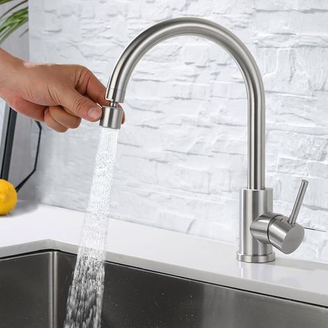 Robinet de Cuisine avec 2 Jets, Mitigeur Chaud et Froid en Acier Inoxydable, Robinettrie avec Bec Rotatif, Mitigeur Pivotant à 360°, Mousseur Démontable, Brossé (1/5)