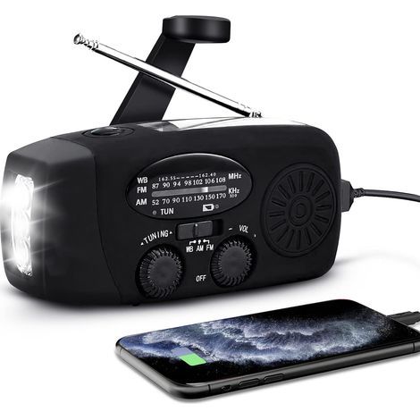 Tragbares Solarradio AM/FM/NOAA, Handkurbel und Batterie, 2000-mAh-Ladegerät, IPX3-Wasserschutz, 60 Lumen LED-Licht – 3 LEDs (1/5)