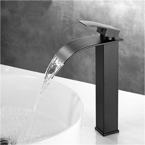 Grifo de baño tipo cascada, grifo de lavabo negro alto moderno, mezclador de lavabo con boquilla de altura 232 mm, grifería cuadrada de latón con agua caliente y fría disponible G 3/8 (1/4)