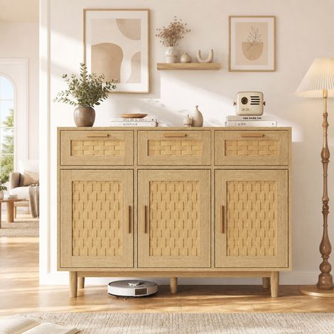 Buffet de Cuisine 108x40x80 cm, Meuble de Rangement Salon Effet Bois et Rotin, 3 Tiroirs et 3 Portes, Grande Capacité, Poignées Métal Doré, Anti-Basculement