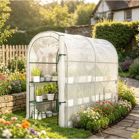 Invernadero de jardín con estantes, 123 x 187 x 189 cm, puerta enrollable, PE 140 g/m², blanco (1/5)