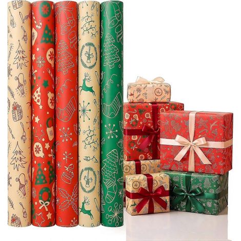 Papier cadeau de Noël kraft recyclable 4 feuilles 70 x 50 cm plié écologique pour emballage de cadeaux de Noël (1/5)