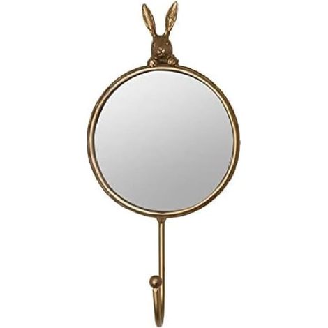 Porte-Manteau Vintage avec Miroir - Petit Miroir Rond avec Crochet à clés ou comme Porte-Veste - Crochet Mural décoratif avec Motif Lapin - Métal, doré, 9,5 x 20,5 cm