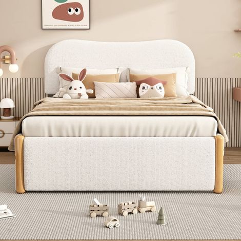 Lit capitonné 140x200 cm blanc avec lit gigogne extensible – lit rembourré design minimaliste (1/5)