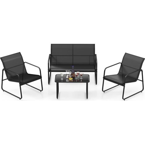 COSTWAY Salon de Jardin 4 Pièces avec 2 Chaises Table en Verre Trempé et Causeuse, Ensemble de Meuble Extérieur en Tissu Respirant Cadre Métallique, pour Porche Bord de Piscine Balcon (1/5)