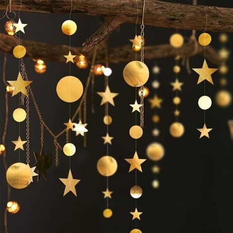 Kit de 4 guirlandes de fanions étoiles dorées à paillettes, finition métallisée mate, pour décorer une chambre d'enfant (Noël, anniversaire, mariage). (1/5)
