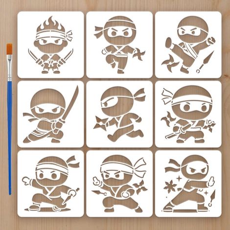 9Styles Pochoirs Motif Ninja Cartoon Avec Un Pinceau 15x15cm Ninja Personnage Peinture Pochoirs Pet Personnage Thèmes Modèle pour Peinture sur Bois Carrelage Mur Tissu (1/5)