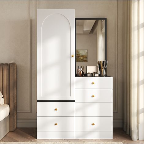 Schminkschrank 90x50.5x160 cm mit Ganzkörperspiegel, ausziehbarem Hocker, 6 Fächern, MDF, Schwarz Weiß (1/5)