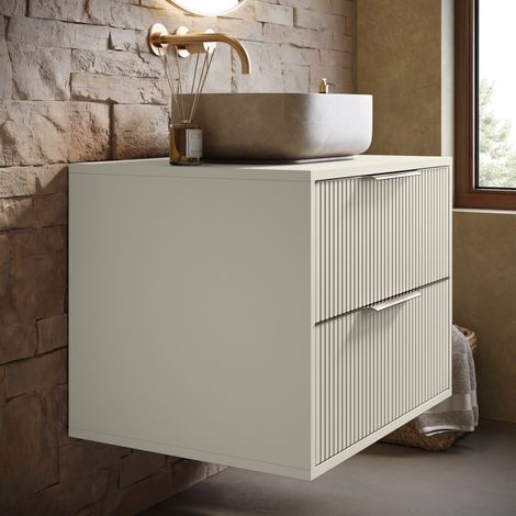 Badplaats – Meuble sous vasque 60 cm avec 2 tiroirs – Finition cashmere – Montage facile – Ouverture murale pour évacuation — vue 3