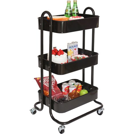 Carrello da Cucina 3 Ripiani con Ruote e 3 Cesti Portaoggetti46x40x84cm Nero
