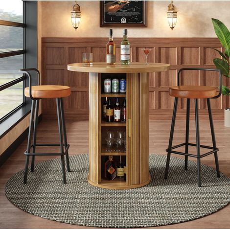 Mesa de bar redonda de madera con almacenamiento y puerta corredera, MDF y metal, para salón y bar