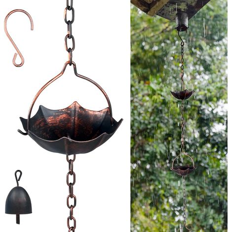 Chaîne de pluie réglable de 380 cm - En métal - Avec 12 bols - Chaîne de gouttière avec cloches de pluie - Pour le récupérateur de pluie en plein air (1/5)