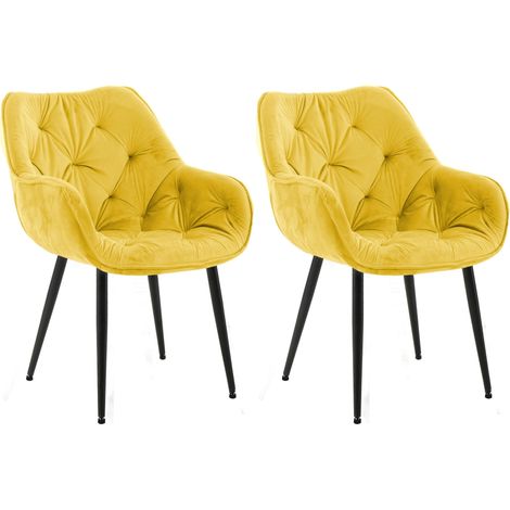 Lot de 2 chaises de salle à manger coutures décoratives en velours jaune et pieds en métal noir 100007559