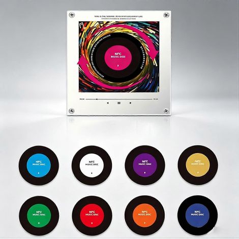 Lecteur musique rétro cadre acrylique bureau, 9 disques vinyles, programmable avec effets LED dynamiques (1/5)