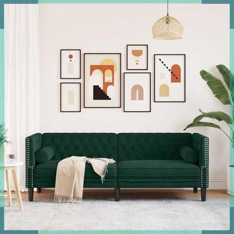 372695 Canapé Chesterfield avec traversins 3 places vert foncé velours (1/5)