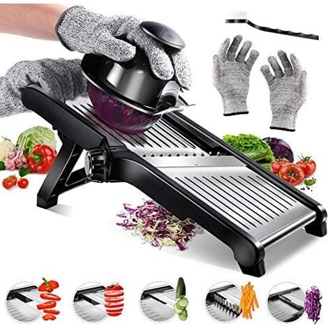 Mandoline Inox Professionnelle, Mandoline de Cuisine Multifonction à Epaisseur de Tranche Réglable, avec Protège Main et Gants de Sécurité