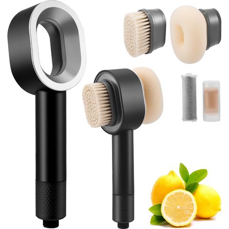 Pommeau de douche 3 en 1 avec 2 brosses de nettoyage magnétiques et filtre à charbon actif en carbone, élimine le chlore, le calcaire, les bactéries et les métaux lourds (noir) (1/5)