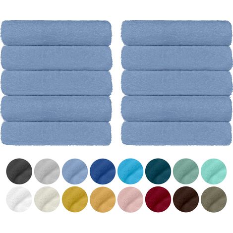 Set 10 Teli Asciugamani In Cotone Professionali 50 x 95 Cm Vari Colori Qualità Hotel 350Gr Salviette Tinta Unita Salvietta Spugna Albergo Azzurro