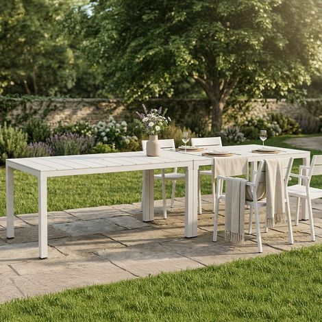Dmora - Gartentisch Varda, Picknickbasis, Mehrfachposition Garten-Esstisch, Mehrzweck-Außenbank, Made in Italy, 292x86 h74 cm, Weiß (1/5)