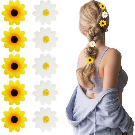 Lot de 10 grandes pinces à cheveux en forme de fleur pour femme, motif tournesol, marguerite, jaune et blanc, pour mariage, été, plage, fête, accessoires pour filles (1/5)