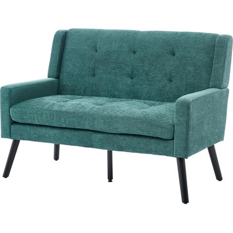 Panca a 2 posti rivestita in lino verde con gambe in legno e cuscini in schiuma ad alta densità (1/5)