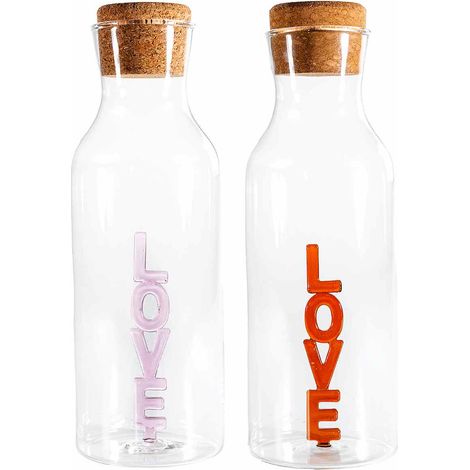 Bottiglie di vetro trasparente con tappo in sughero e scritta love colorata. Adatte a San Valentino, set da 4 pezzi, Ø 9 cm x 27 H