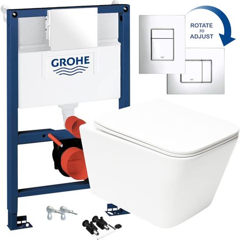 Square Gloss White Hidden Fixation Rimless Wall Hung Toilet Pan & GROHE 0.82m Concealed WC Cistern Frame (1/5)