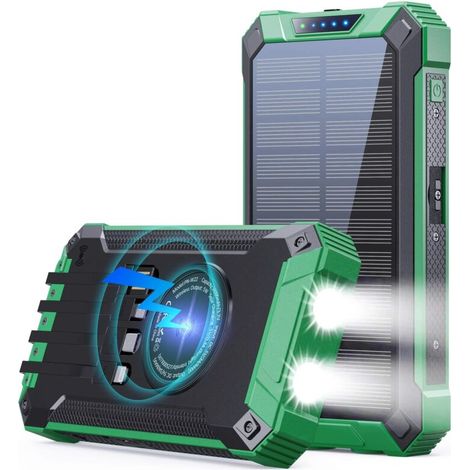 10000mAh multifonctionnel batterie d'énergie solaire puissance Mobile batterie de charge rapide avec 4 câbles chargeur sans fil lampe de poche LED (Vert) (1/5)