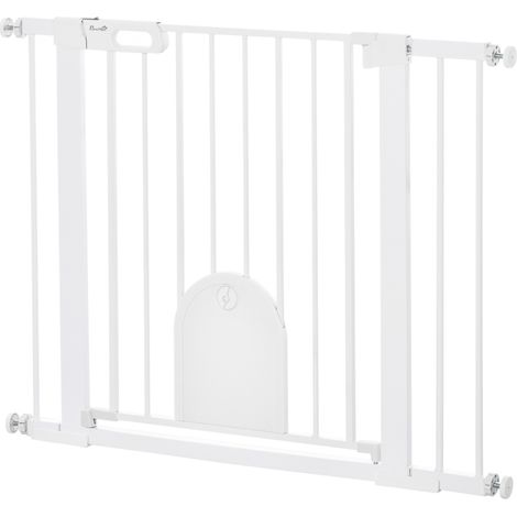 Barrière pour les animaux domestiques, réglable, avec une petite porte. Matériau : acier ou plastique. Couleur : blanc. (1/4)
