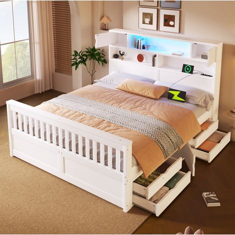 Lit plateforme 160 x 200 cm blanc  avec LED, rangements et 4 tiroirs pour chambre organisée (1/5)