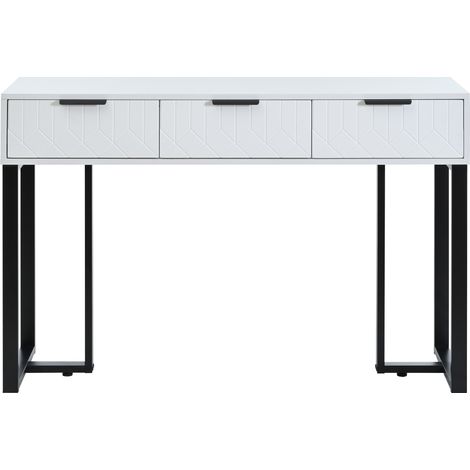 Table console moderne avec tiroirs, cadre métallique doré, pieds réglables, blanc et noir (1/5)